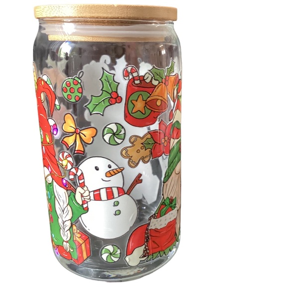 Handmade Dining New Gnome Christmas Glass Cup With Bamboo Lid And
